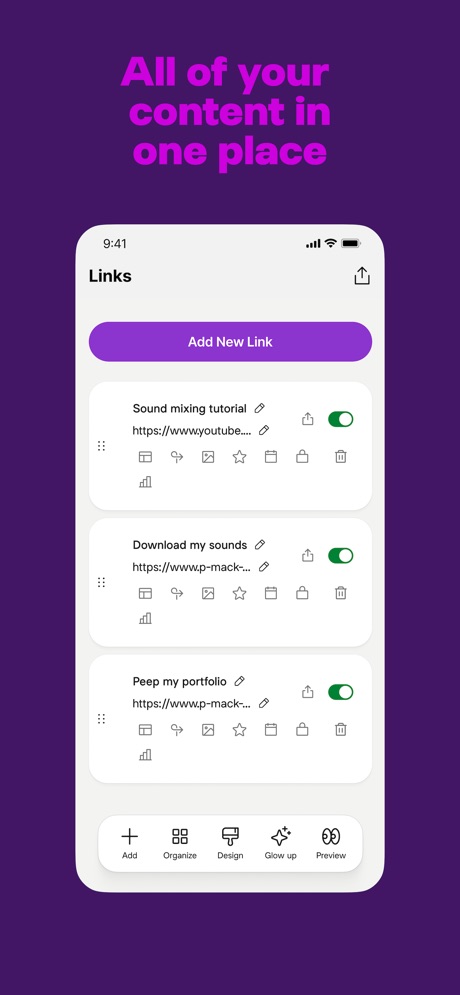 Linktree: Link in Bio Creator App Store screenshot 2, headline “All of your content in one place”. Purple.