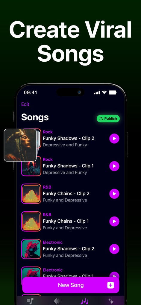 Banger for Artists: AI Music - Users can manage an organized list of their generated songs, each with individual cover art, and easily initiate the creation of a new song.