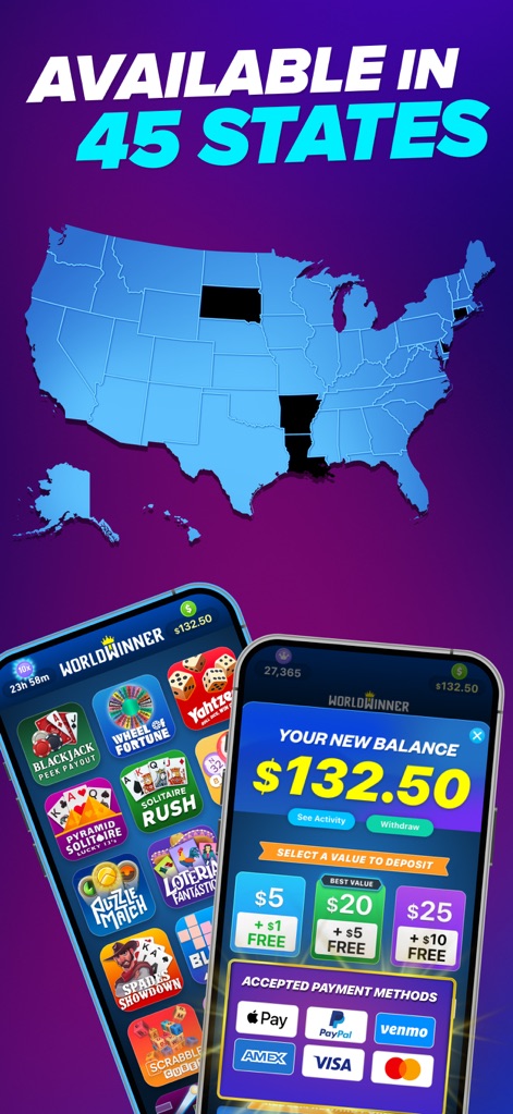 WorldWinner: Play for Cash - View the app's broad availability across US states, alongside a clear display of convenient 'Accepted Payment Methods' for secure transactions.