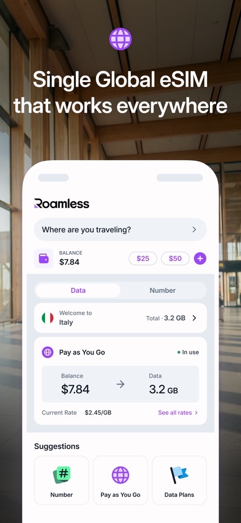 Roamless: eSIM Travel Internet - Observe the app's intuitive dashboard, displaying the current travel destination and data usage alongside quick access to various plan options.