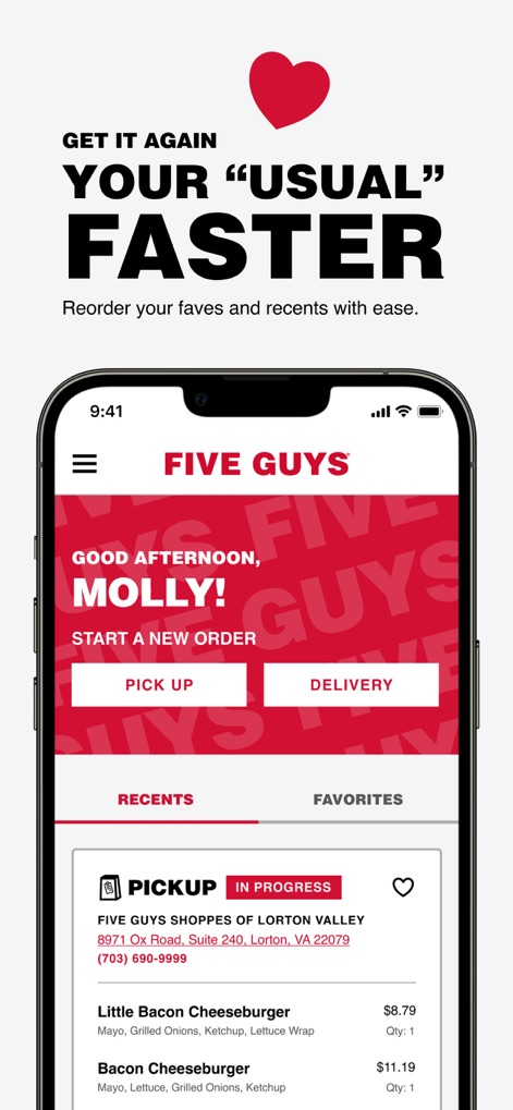 Five Guys Burgers & Fries - Die App begrüßt Nutzer persönlich mit ihrem Namen und bietet direkten Zugriff auf kürzliche oder favorisierte Bestellungen, um eine schnelle Neuanlage zu ermöglichen.