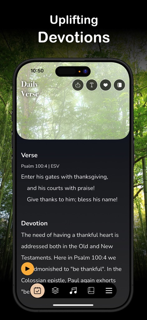 Daily Bread Devotional for Men - Cette section offre une dévotion quotidienne édifiante, incluant un verset comme Psaume 100:4, et propose un bouton de lecture pour une expérience audio immersive.