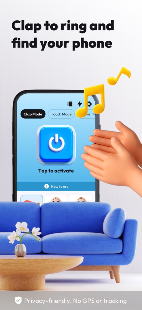 ClapSeek: Find phone by clap - This mode is easily activated by the 'Tap to activate' button, allowing users to find their device with a simple clap, as indicated by the Clap Mode tab.