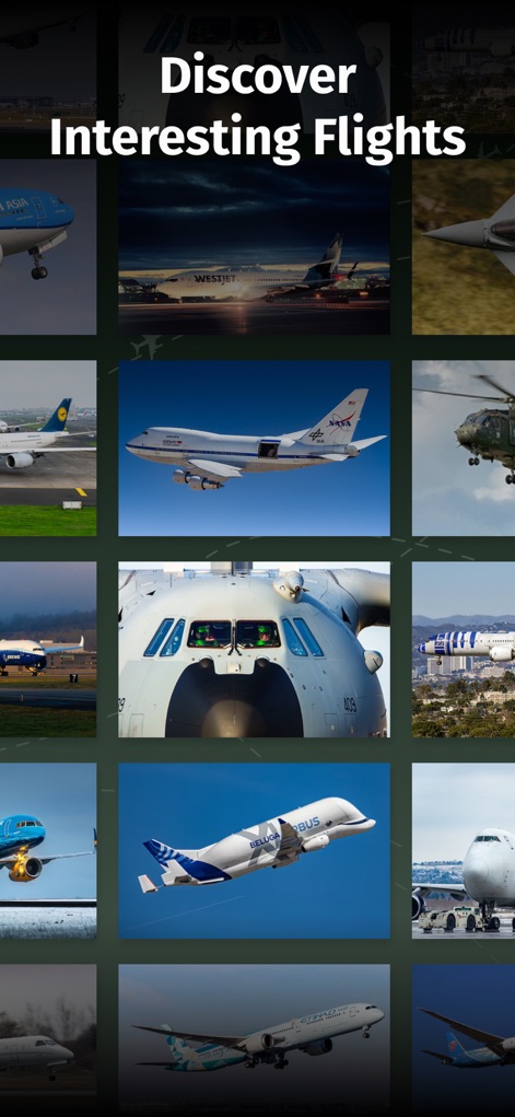 AirNav Radar – Flight Tracker - This screen showcases a captivating gallery of diverse aircraft types, from commercial airliners to unique specialized planes, inspiring users to explore various interesting flights.