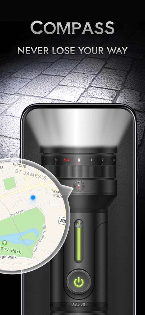 Flashlight◉ - Magnifying Glass - Die Anwendung integriert einen präzisen Kompass (X), um die Orientierung zu erleichtern, zusammen mit einer Kartenansicht (Y), die den aktuellen Standort anzeigt.