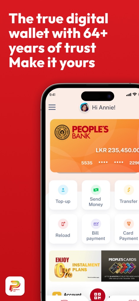 People's Pay - The app's main dashboard displays a user's current account balance and offers quick access through intuitive action buttons.