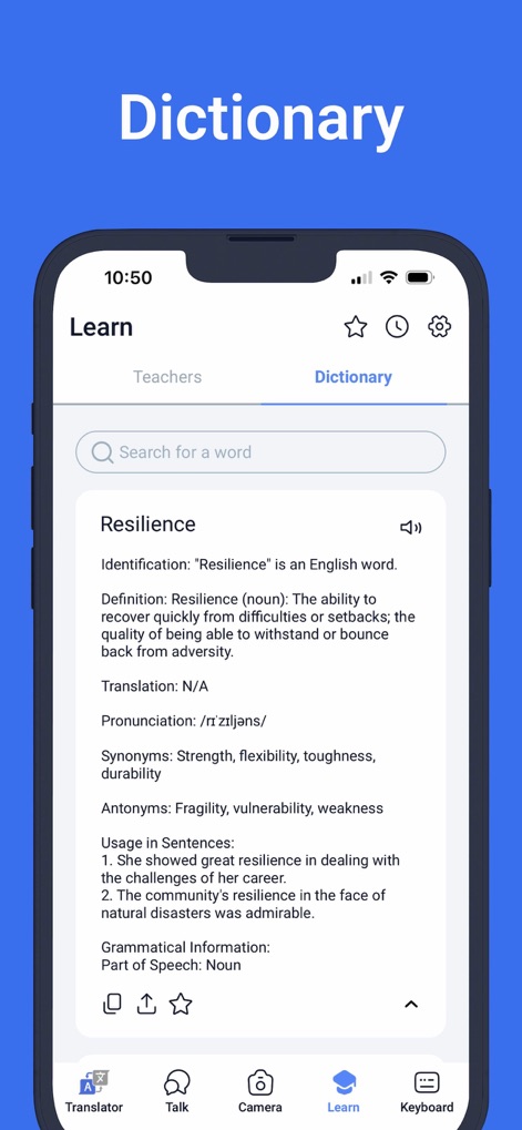 Translate AI. - A ferramenta oferece um dicionário detalhado, apresentando a definição de 'Resilience' com sinônimos e exemplos de uso dentro da seção 'Learn'.