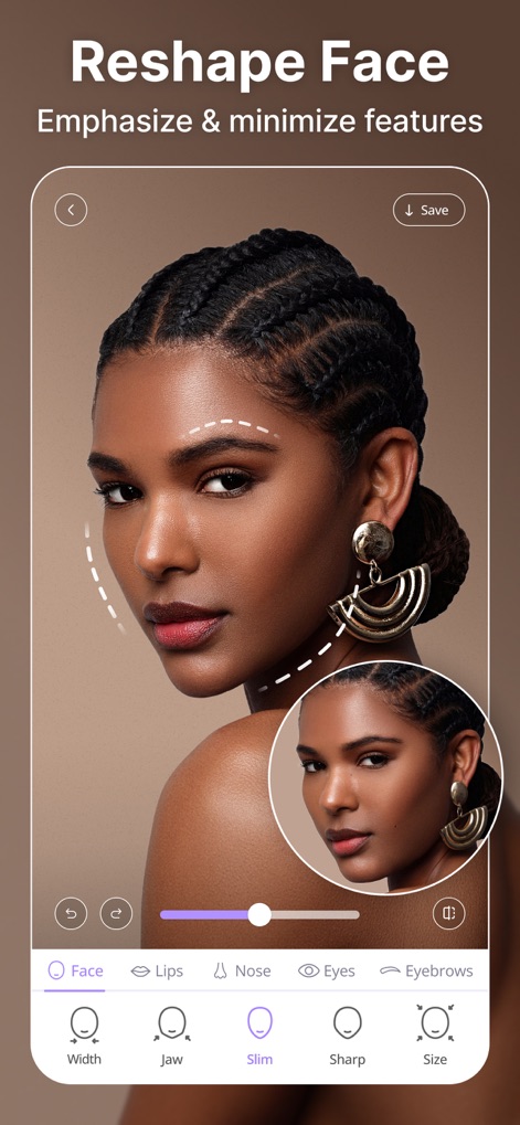 BeautyUp－AI Face & Body Editor - 사용자는 턱 라인을 섬세하게 조절하고, 얼굴을 슬림하게 보정하여 원하는 얼굴형을 만들 수 있습니다.