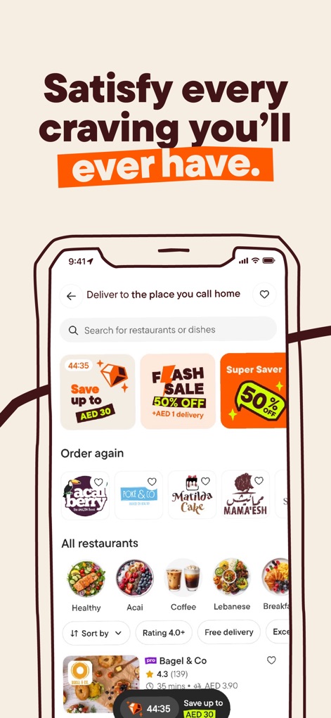 talabat: Food, grocery & more - Les utilisateurs découvrent facilement des promotions attractives comme les bannières de 'Flash Sale' et naviguent à travers une multitude de restaurants grâce aux filtres de cuisine spécifiques.