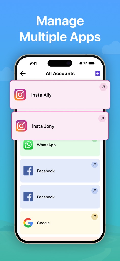 Parallel Space ~ App Cloning - The 'All Accounts' screen clearly displays individual cloned instances for apps such as Instagram and WhatsApp, providing users with an organized view of their multiple logins.