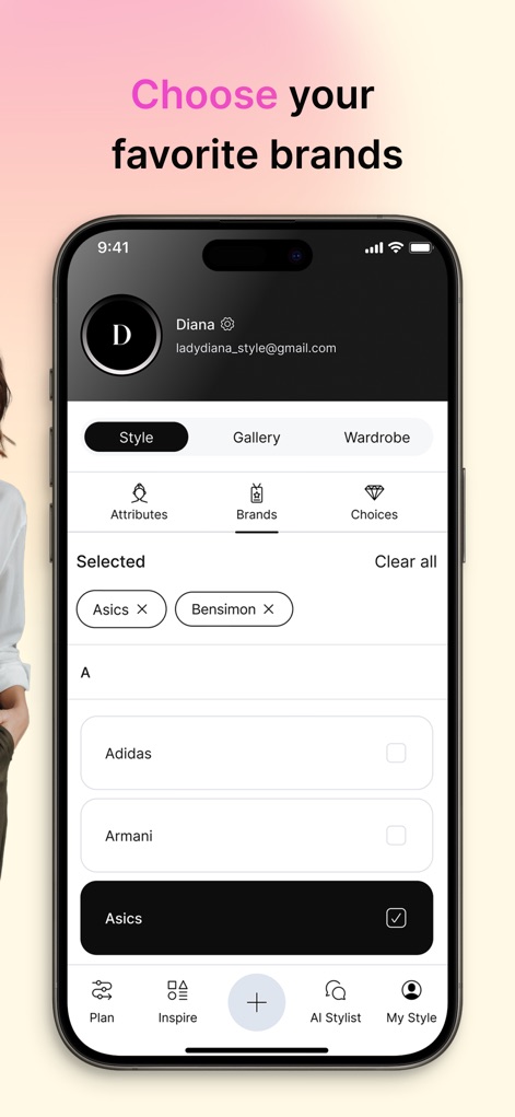 Dressly: AI Outfit Stylist - The profile section enables users to customize their preferences, showcasing selected brands like "Asics" and "Bensimon" and allowing them to manage various style "Attributes".