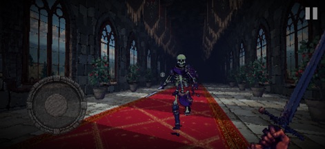 KnightBound - Dark Fantasy - Witness intense pixel art combat as a player confronts a skeleton enemy within the richly detailed grand hall, showcasing the game's immersive environment and enemy design.