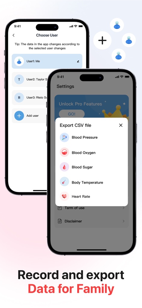 Blood Pressure App-Health Body - The app supports multi-user management through the "Choose User" screen and allows users to conveniently "Export CSV file" for all tracked data.