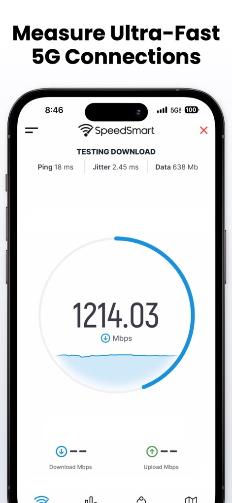 Speed Test SpeedSmart Internet - The app accurately measures ultra-fast 5G connection speeds, displaying real-time download progress and network Ping and Jitter during tests.