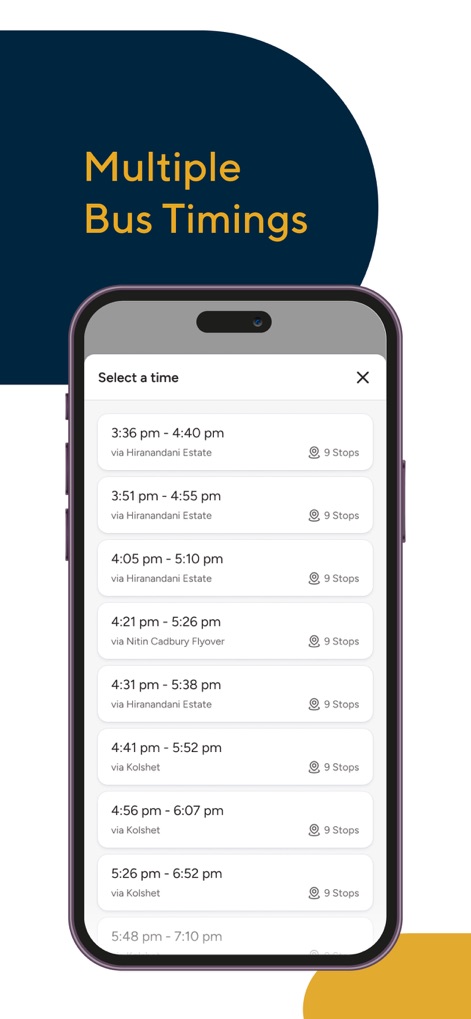 Cityflo - Premium office rides - The app displays a clear interface for users to "Select a time" from various bus schedules, complete with specific route details like "via Hiranandani Estate".