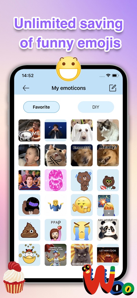 AI Emoji, Meme & Sticker Maker - Les utilisateurs peuvent organiser leurs créations favorites et auto-générées grâce à des onglets dédiés, garantissant un accès illimité à leur collection d'émoticônes personnalisées.