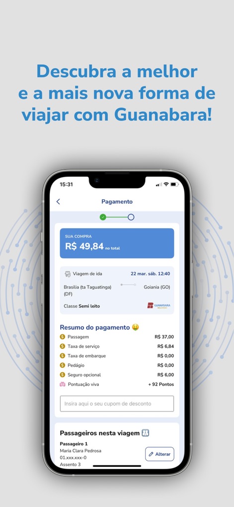Guanabara: passagens de ônibus - This screen offers a transparent payment summary, detailing charges like 'Passagem' and 'Taxa de serviço', alongside options to apply a coupon and review passenger details.