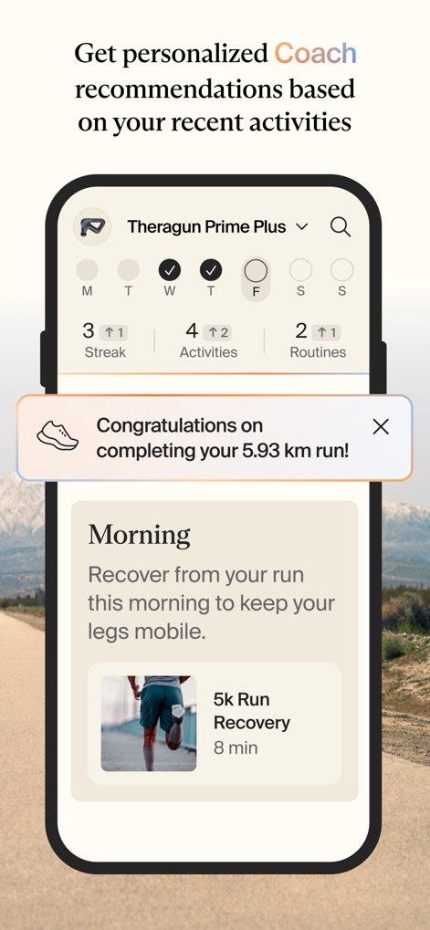 Therabody - Questa interfaccia mostra il 'Coach' integrato, che offre raccomandazioni post-attività come il suggerimento di recupero '5k Run Recovery' e un calendario settimanale con le attività svolte.