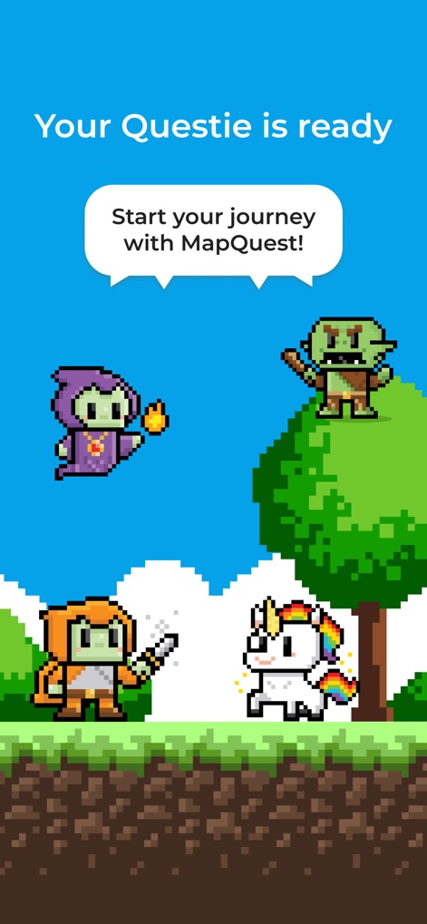 MapQuest GPS Navigation & Maps - Observe the vibrant pixel art characters, the 'Questie' companions, assembled together, inviting users to embark on their next navigation adventure.