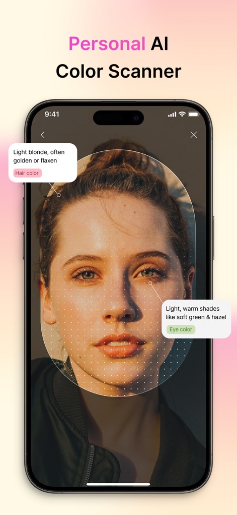 Dressly: AI Outfit Stylist - The app performs a detailed facial analysis, utilizing a dotted overlay to identify features and providing precise callouts for hair color and eye color analysis.