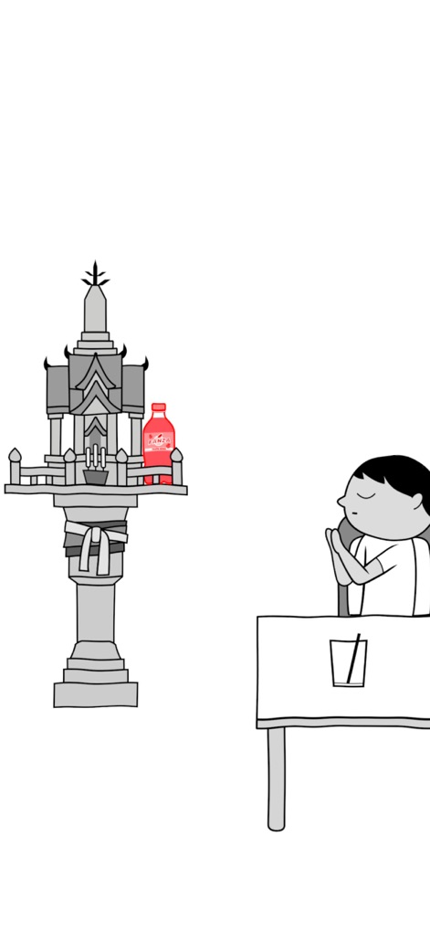 KUUKIYOMI THAILAND - The app showcases specific aspects of Thai culture, including a spirit house adorned with offerings like a red bottle and a character engaged in prayer at a table.