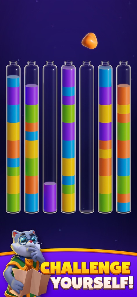 Magic Sort! - Explore new challenges with varied multi-colored liquid stacks within transparent bottles, alongside the expressive cat character contemplating the next move.