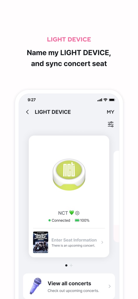 SMTOWN | OFFICIAL - Personalize the concert experience by managing the 'LIGHT DEVICE' connection and syncing concert seat information for upcoming shows.