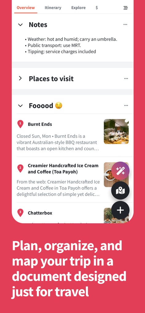 Wanderlog - Travel Planner - Users can enrich their itinerary with custom "Notes" for essential details and browse curated dining options, complete with images and descriptions, for a truly personalized experience.