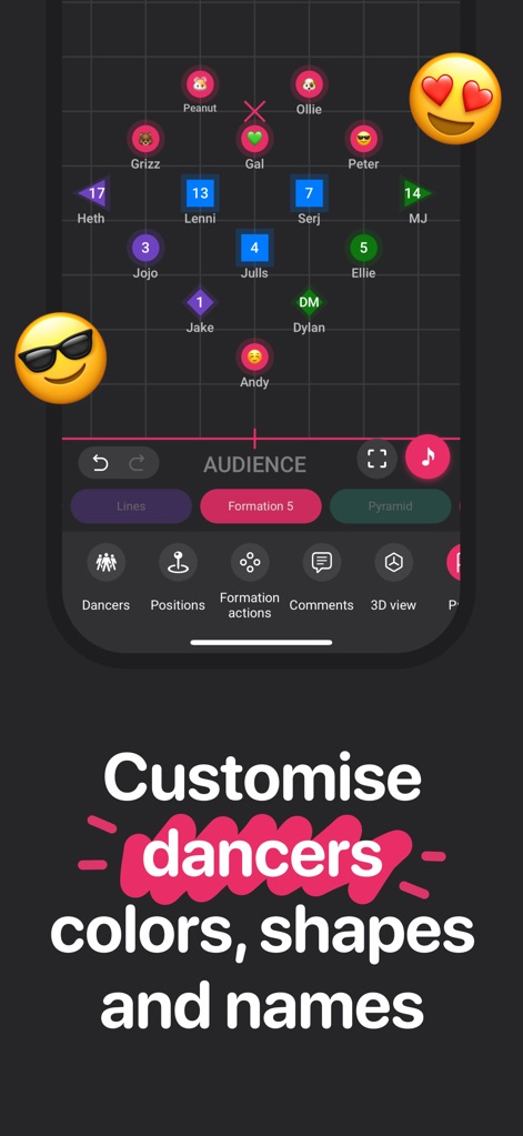 ArrangeUs - Users can effortlessly customize performer attributes, visible through the colored dancer icons and the option to "name your dancers and change their colors".