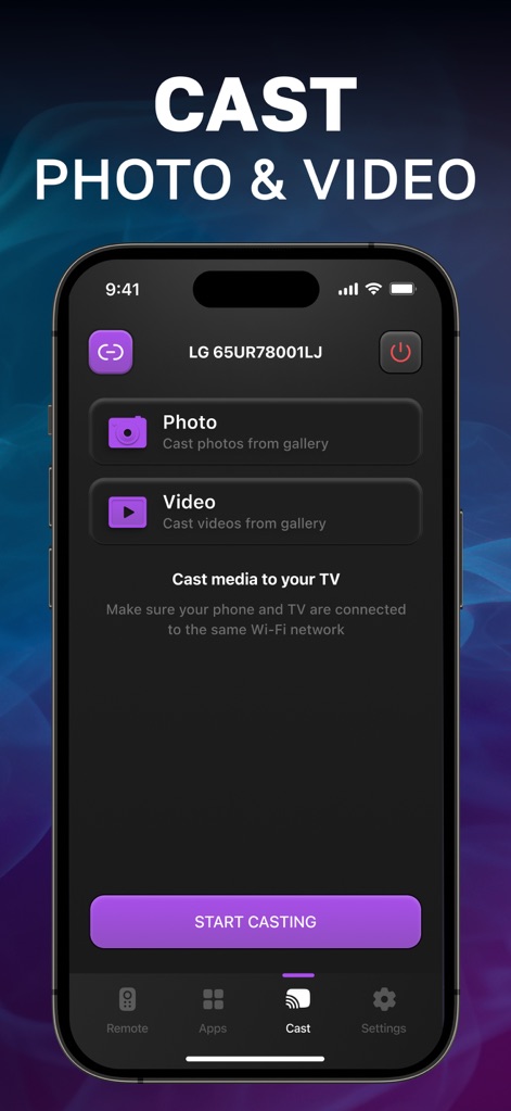Universal TV Remote Control 。 - This view highlights the seamless media casting feature, offering distinct options to share photos or videos from a smartphone to the TV.