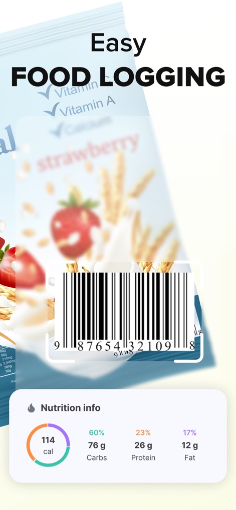 ‎Calorie Counter: Food Tracker - Los usuarios pueden registrar alimentos sin esfuerzo utilizando el escáner de código de barras visible, que proporciona instantáneamente información nutricional detallada como las calorías (114 cal) y los gramos de carbohidratos (76 g).
