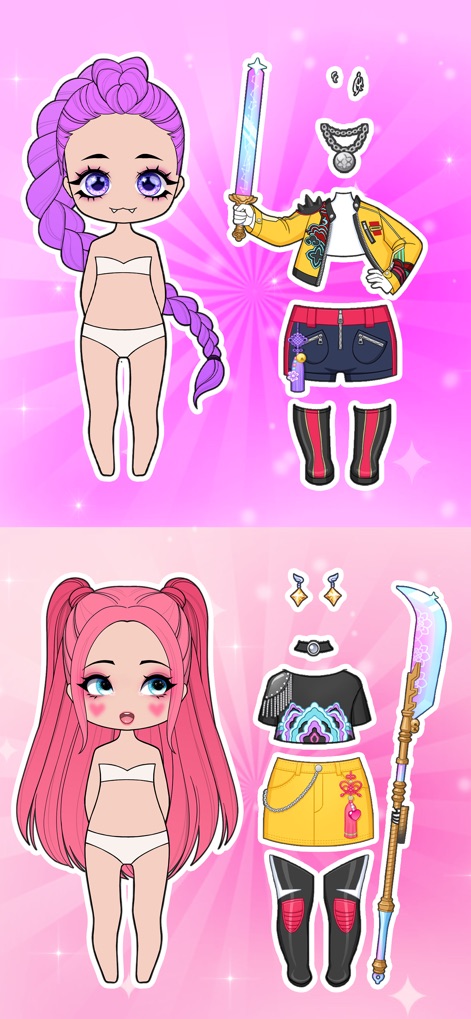 Chibi Maker: Dress Up Games - Die Nutzer sehen hier die modularen Komponenten für die Erstellung von Chibi-Charakteren, darunter unterschiedliche Körperformen und ein breites Spektrum an Kleidung und Accessoires.