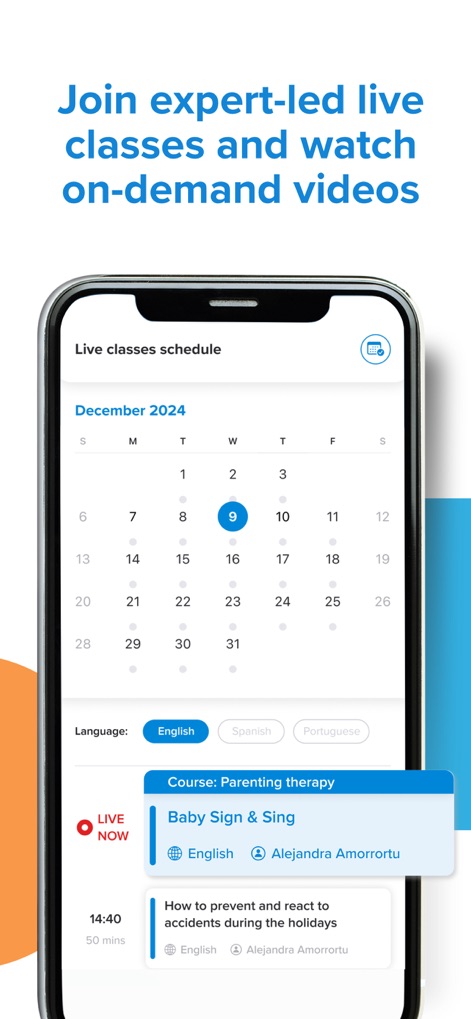 Kinedu: Baby Development - The app presents a "Live classes schedule" with upcoming sessions, including "Baby Sign & Sing" and "How to prevent and react to accidents", offering expert guidance.