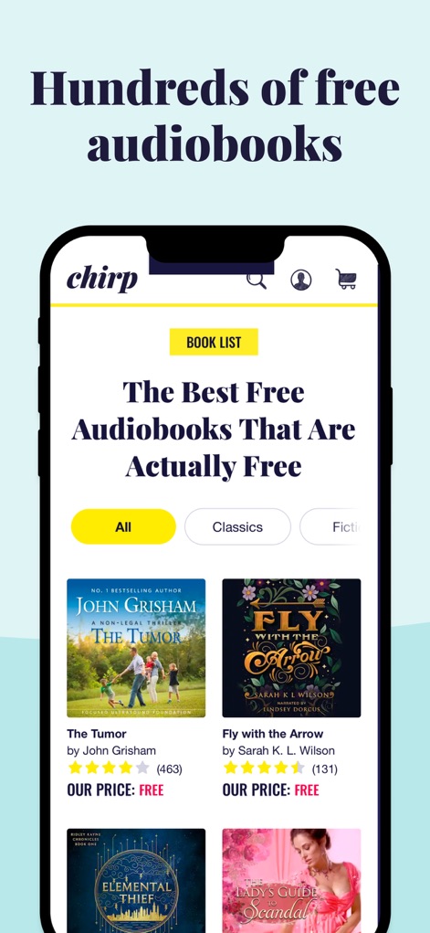 Chirp Audiobooks - Access a curated selection of free audiobooks, showcasing titles like 'The Tumor' and user ratings, making it simple to find your next listen.
