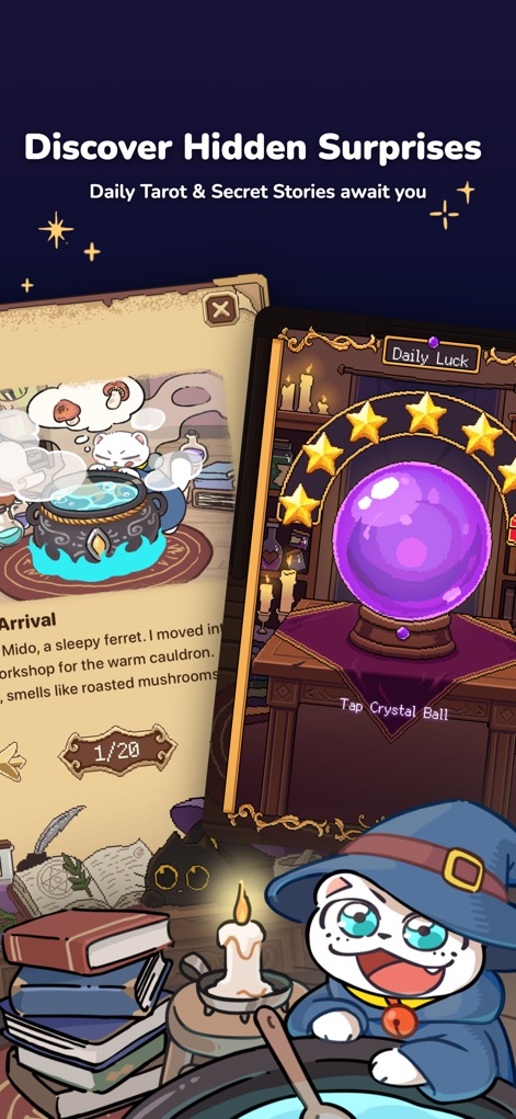 Glulu BrewTime-Pomodoro Focus - The app provides engaging daily content, including 'Daily Luck' tarot readings and 'Secret Stories' that unfold as users interact with the mystical crystal ball.