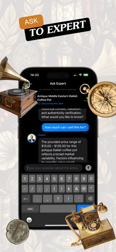 AI expert assistant feature in antique identifier app for answering detailed questions about antiques