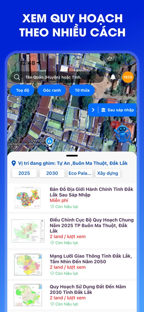 Thongtin.land- - This tool provides flexible search options via coordinates, boundary corners, or land parcels, clearly displaying detailed land-use plans and administrative maps.