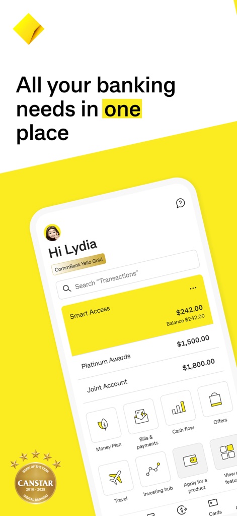 CommBank - The app presents a personalized dashboard, clearly displaying current account balances and quick access to essential features like Money Plan and Offers.