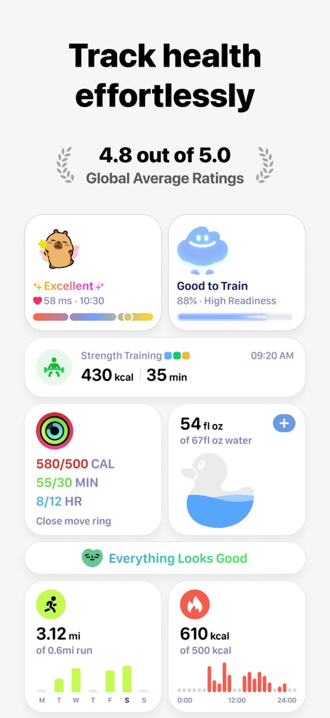GrowPal: Health & Fitness - The app consolidates diverse health metrics, presenting insights like 'Good to Train' readiness and visual hydration tracking for comprehensive wellness management.