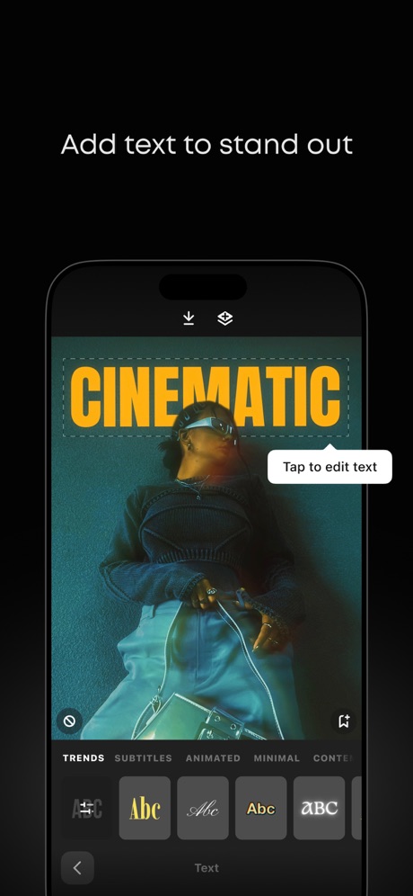 Prequel: Photo & Video Editor App Store screenshot 6, headline “Add text to stand out”. Teal.