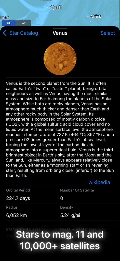 Starry Map - Questo strumento fornisce schede informative approfondite per i corpi celesti, come la descrizione dettagliata di "Venere" che ne esplora le caratteristiche principali, e dati numerici specifici come il "Orbital Period" di "224.7 days" e il "Radius" di "6,052 km".