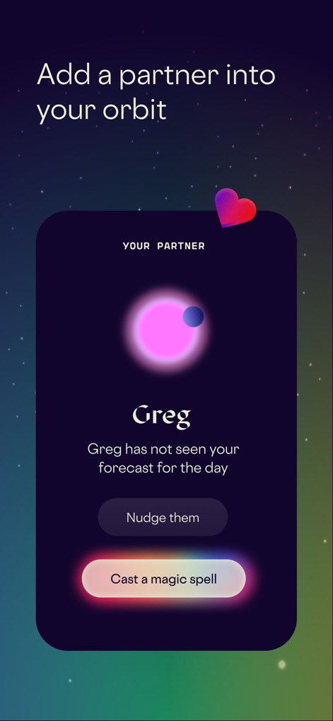 Stardust Period Tracker - This screen demonstrates how users can add a partner to their "orbit" and interact through options like "Nudge them" for shared cycle awareness.