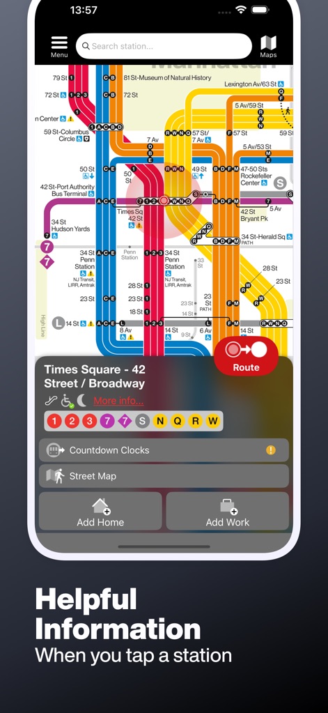 New York Subway MTA Map NYC - 駅をタップするだけで、その駅に関する詳細な情報がポップアップ表示されます。ユーザーは特定の駅の運行情報や路線、さらにストリートマップも確認できます。