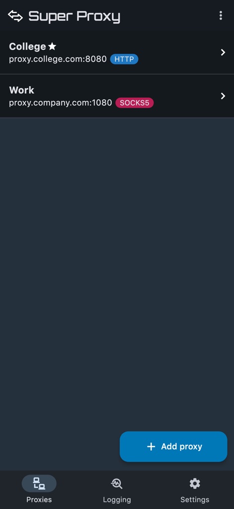 Super Proxy - Tunnel your apps - The app provides an organized overview of established proxy connections, distinguishing between HTTP and SOCKS5 protocols, and offers a straightforward way to manage profiles or add new ones via the "Add proxy" button.