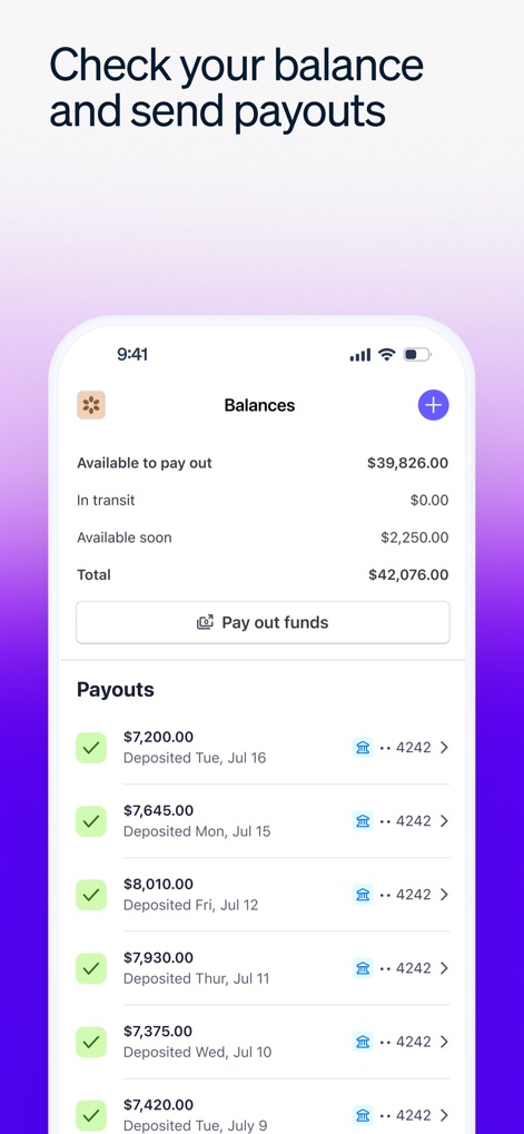 Stripe Dashboard - La aplicación proporciona una visión completa de los saldos disponibles para retiro, como los '$39,826.00 disponibles para enviar', y un historial detallado de los 'Pagos' realizados con sus respectivas fechas.