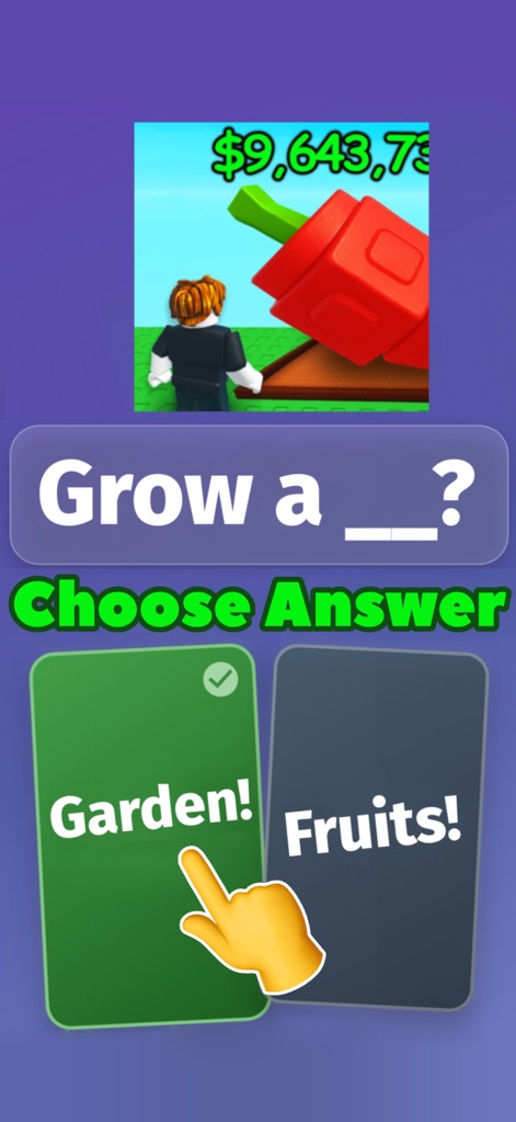 RBX Winner Quiz - Users engage with fill-in-the-blank questions like 'Grow a ____?' and test their knowledge against visually appealing game images.