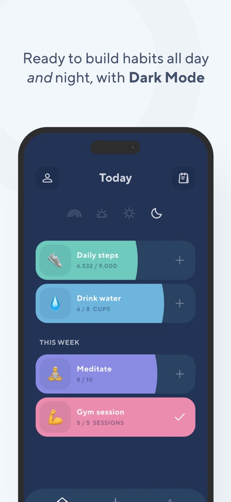 Do Habits: Get It Done - L'app offre una "Dark Mode" elegante e funzionale, permettendo agli utenti di tenere traccia delle proprie abitudini in qualsiasi momento della giornata. L'interfaccia mantiene la chiarezza e l'organizzazione delle abitudini quotidiane anche in condizioni di scarsa illuminazione.