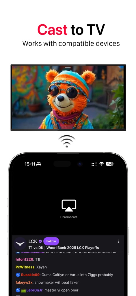 UbeCast - O aplicativo UbeCast facilita a transmissão de conteúdo para a TV, conforme ilustrado pela imagem de um urso na tela da TV e o ícone de transmissão do Chromecast no smartphone.