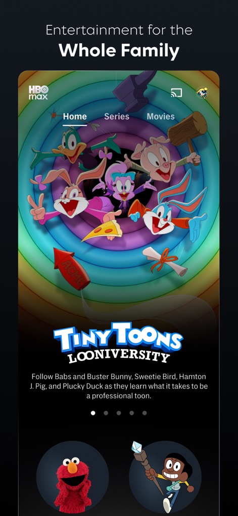 HBO Max: Stream Movies & TV - The app offers a dedicated space for family-friendly entertainment, showcasing animated series like Tiny Toons Looniversity and beloved characters such as Elmo.