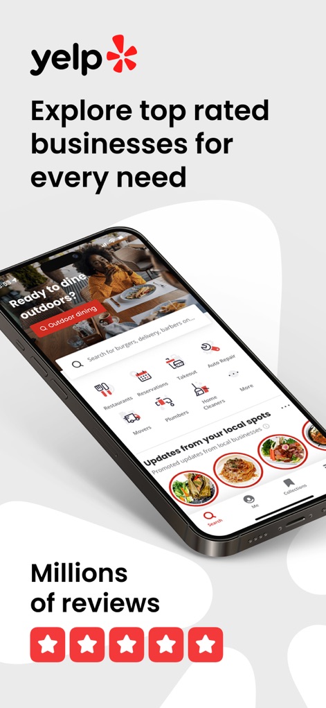 Yelp: Food, Services & Reviews - O aplicativo apresenta uma interface de busca intuitiva com categorias de serviços como 'Restaurantes' e 'Limpeza Doméstica', facilitando a descoberta de negócios locais.